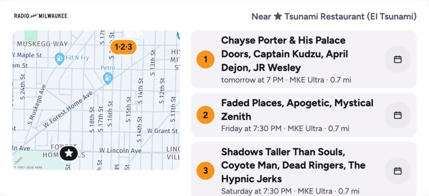 Echo Show card: a map of live music near El Tsunami with three numbered shows at MKE Ultra, each with Add to calendar