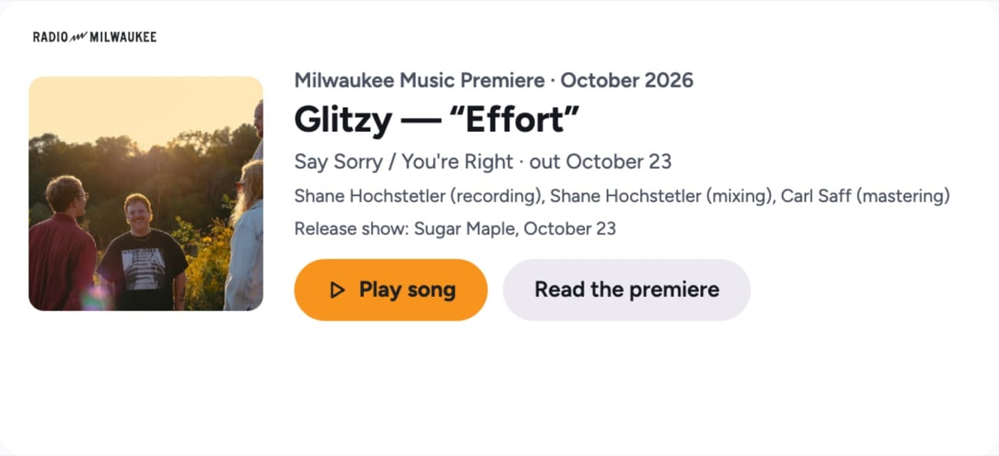 Echo Show card: Milwaukee Music Premiere, Glitzy, Effort, from Say Sorry / You're Right, out October 23, with Play song