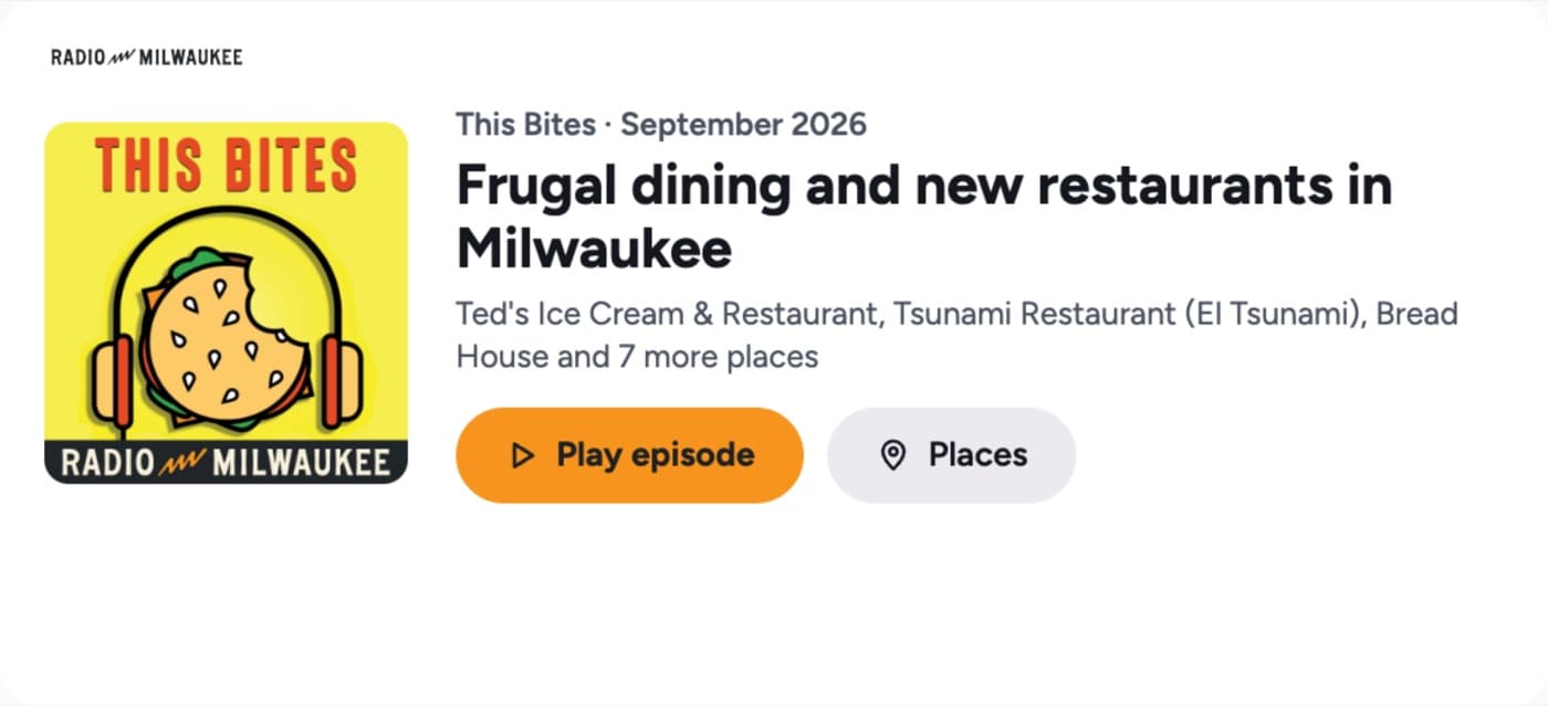 Echo Show card: This Bites, September 2026, Frugal dining and new restaurants in Milwaukee, with Play episode and Places